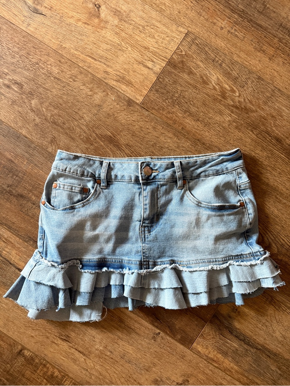 Windsor Repeat Ruffle Denim Jean Mini Skirt Tiered Raw Hem Size S New Y2K